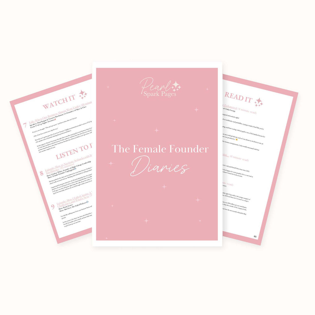 Blush pink sheets of the Female Founder Diaries, a collection of .pdfs and resources for female entrepreneurs.