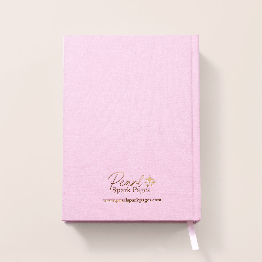 Blush pink linen back cover of the Female Founders Journal by Pearl Spark Pages, a tool for empowered women entrepreneurs.