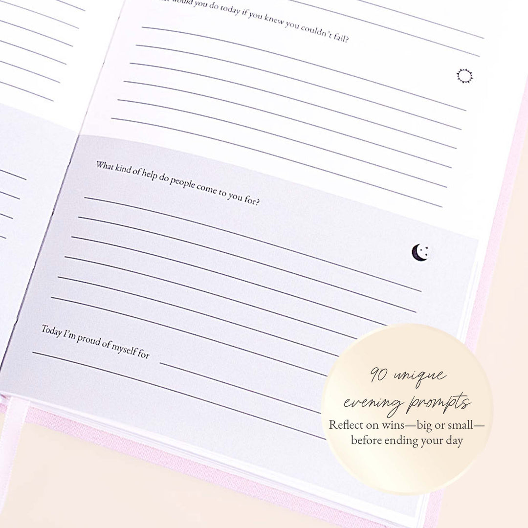 Evening prompt page of the Female Founders Journal by Pearl Spark Pages, featuring evening self-reflection prompts for women entrepreneurs.