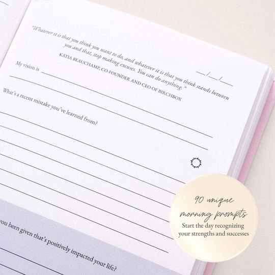 Morning prompt page of the Female Founders Journal by Pearl Spark Pages, featuring a quote by a female entrepreneur and self-reflection prompts for women entrepreneurs.