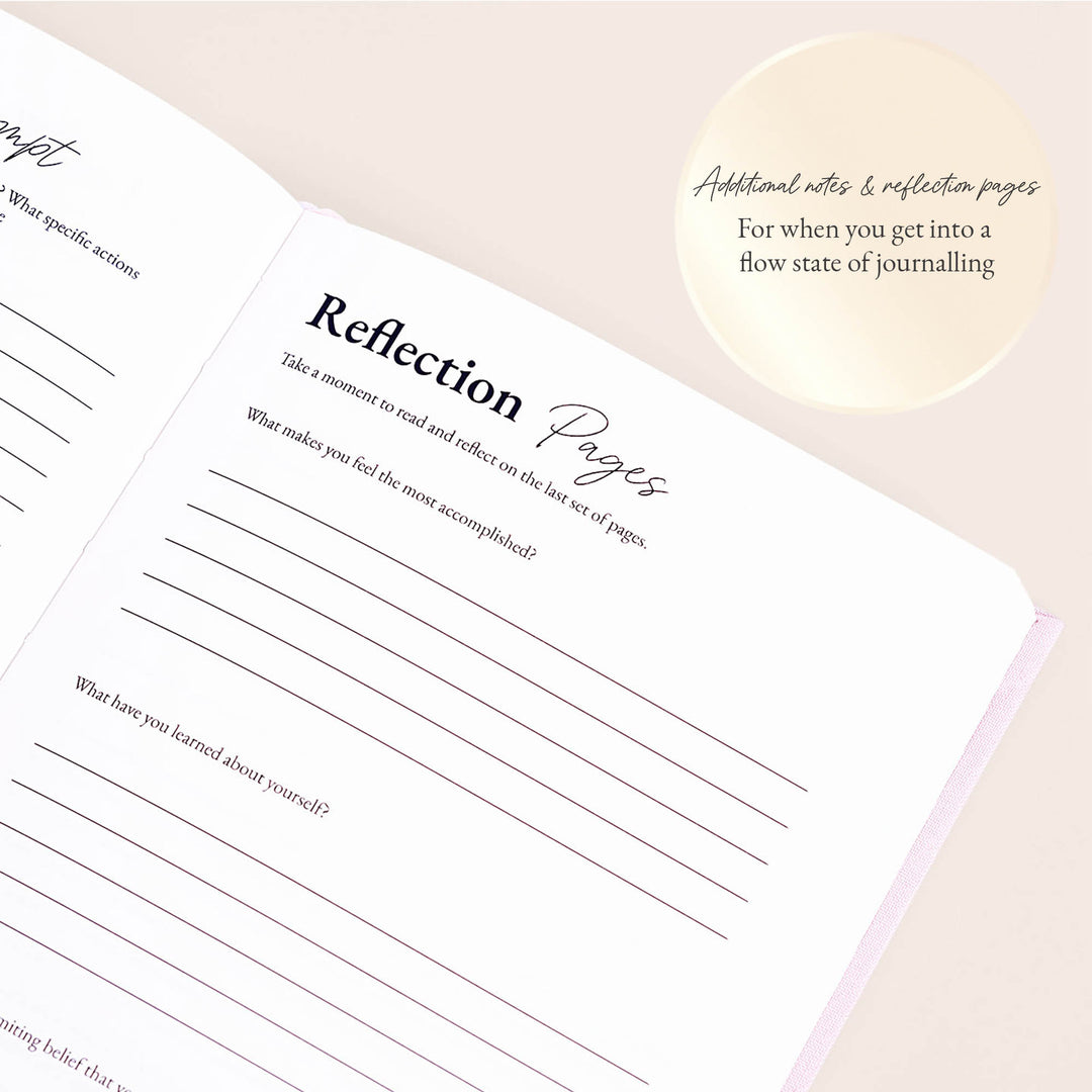 Reflection page of the Female Founders Journal by Pearl Spark Pages, featuring self-reflection prompts for women entrepreneurs.