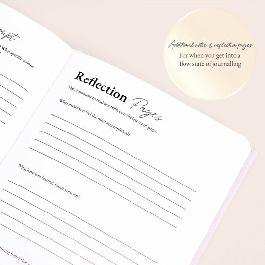 Reflection page of the Female Founders Journal by Pearl Spark Pages, featuring self-reflection prompts for women entrepreneurs.