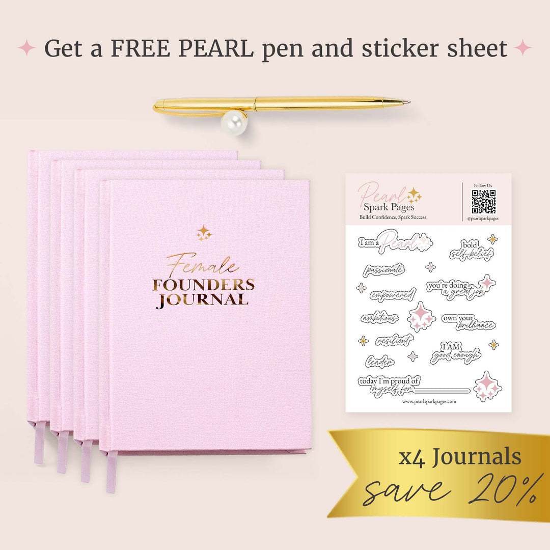 Blush pink linen cover of the Female Founders Journal by Pearl Spark Pages, a tool for empowered women entrepreneurs. A golden pen with a pearl and a pearl sticker sheet with motivational quotes