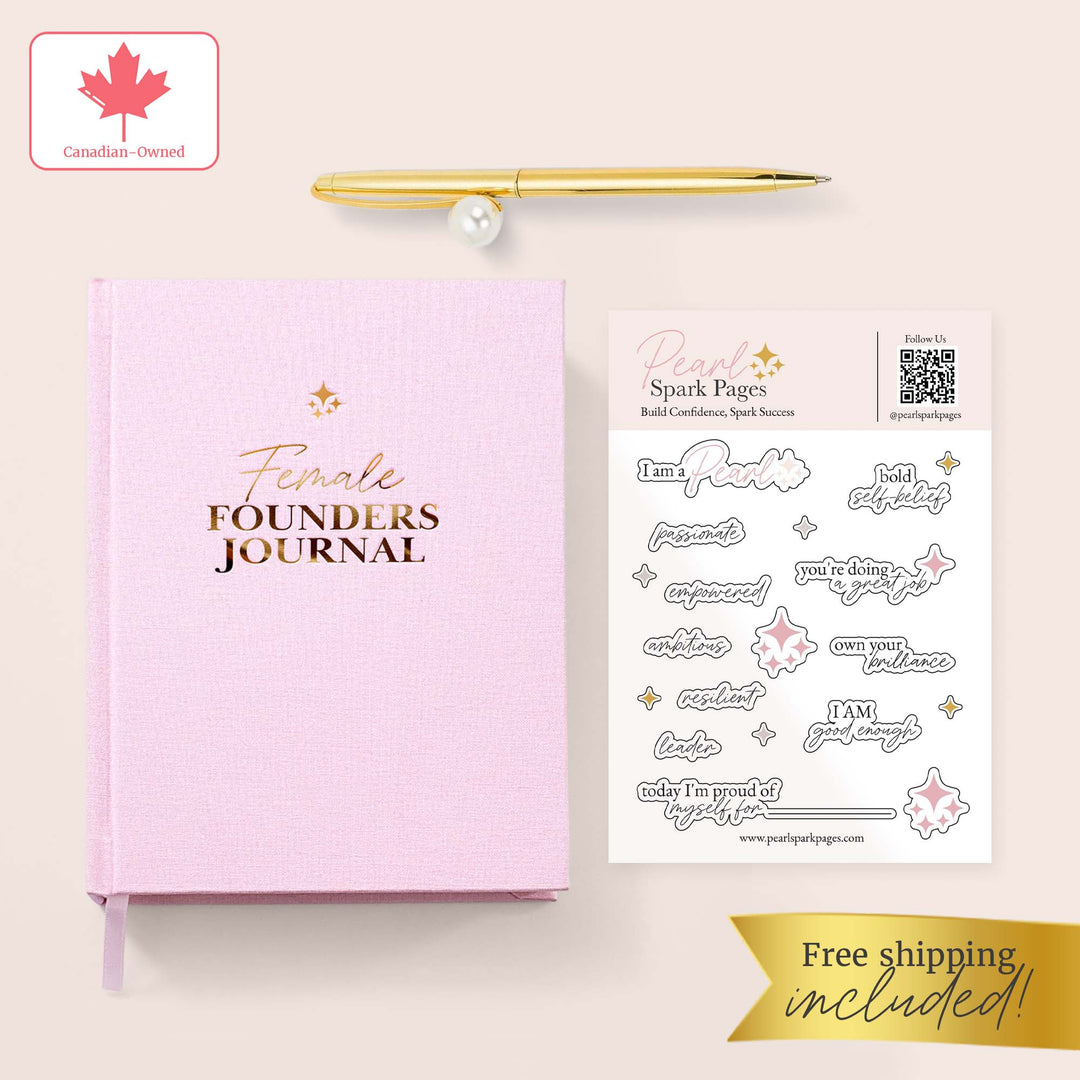 Blush pink linen cover of the Female Founders Journal by Pearl Spark Pages, a tool for empowered women entrepreneurs. A golden pen with a pearl and a pearl sticker sheet with motivational quotes