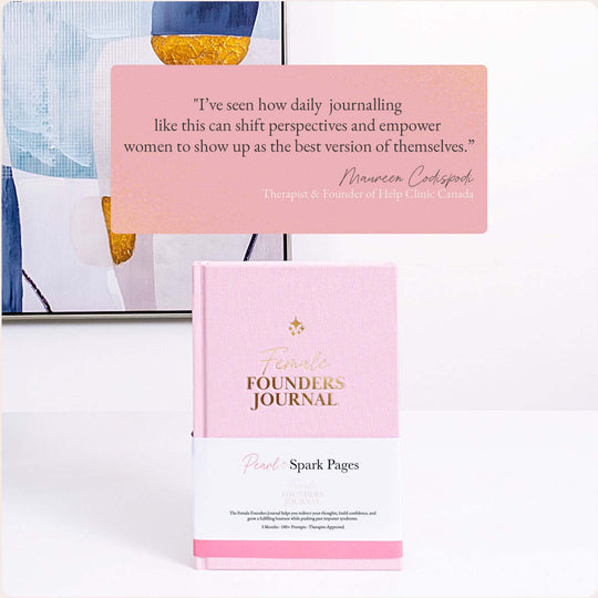 Female Founders Journal by Pearl Spark Pages with visible ‘therapist approved’ badge on the blush pink hardcover.